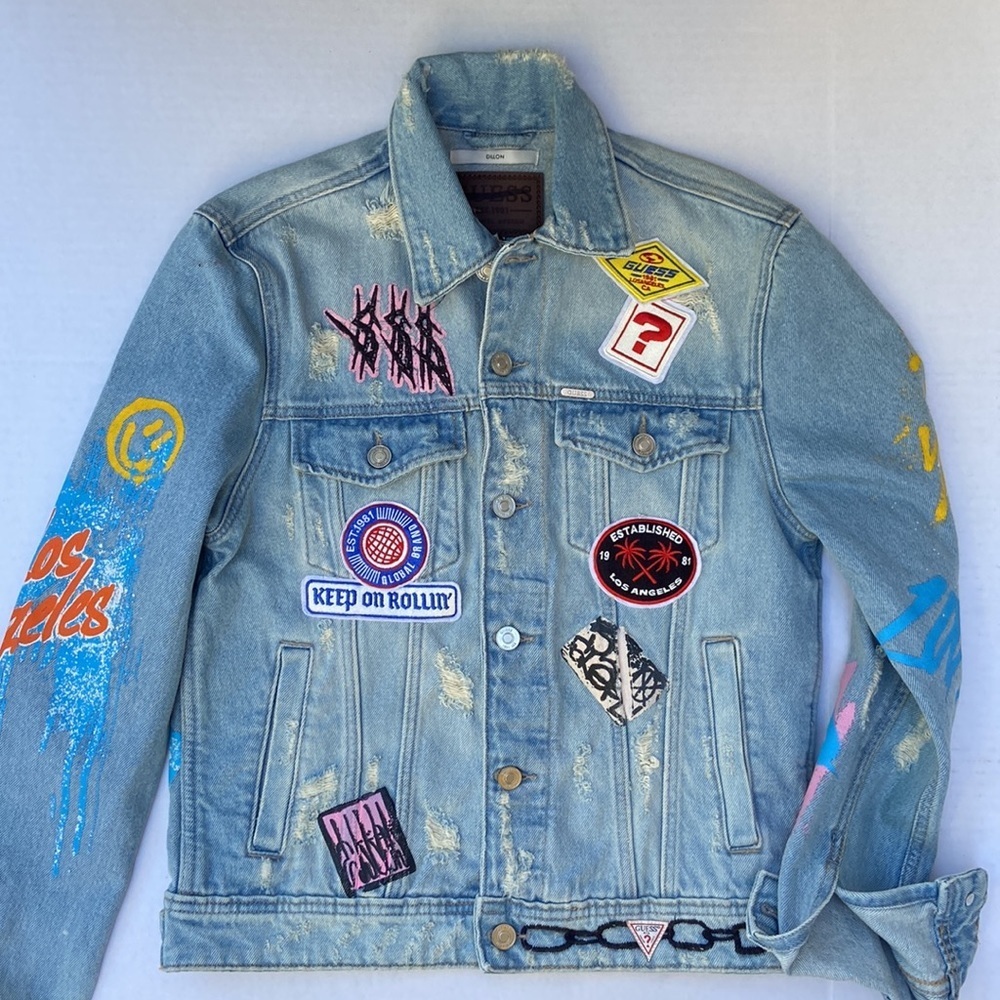 New GUESS Men’s Graffiti Dillon Denim Jacket SZ XS